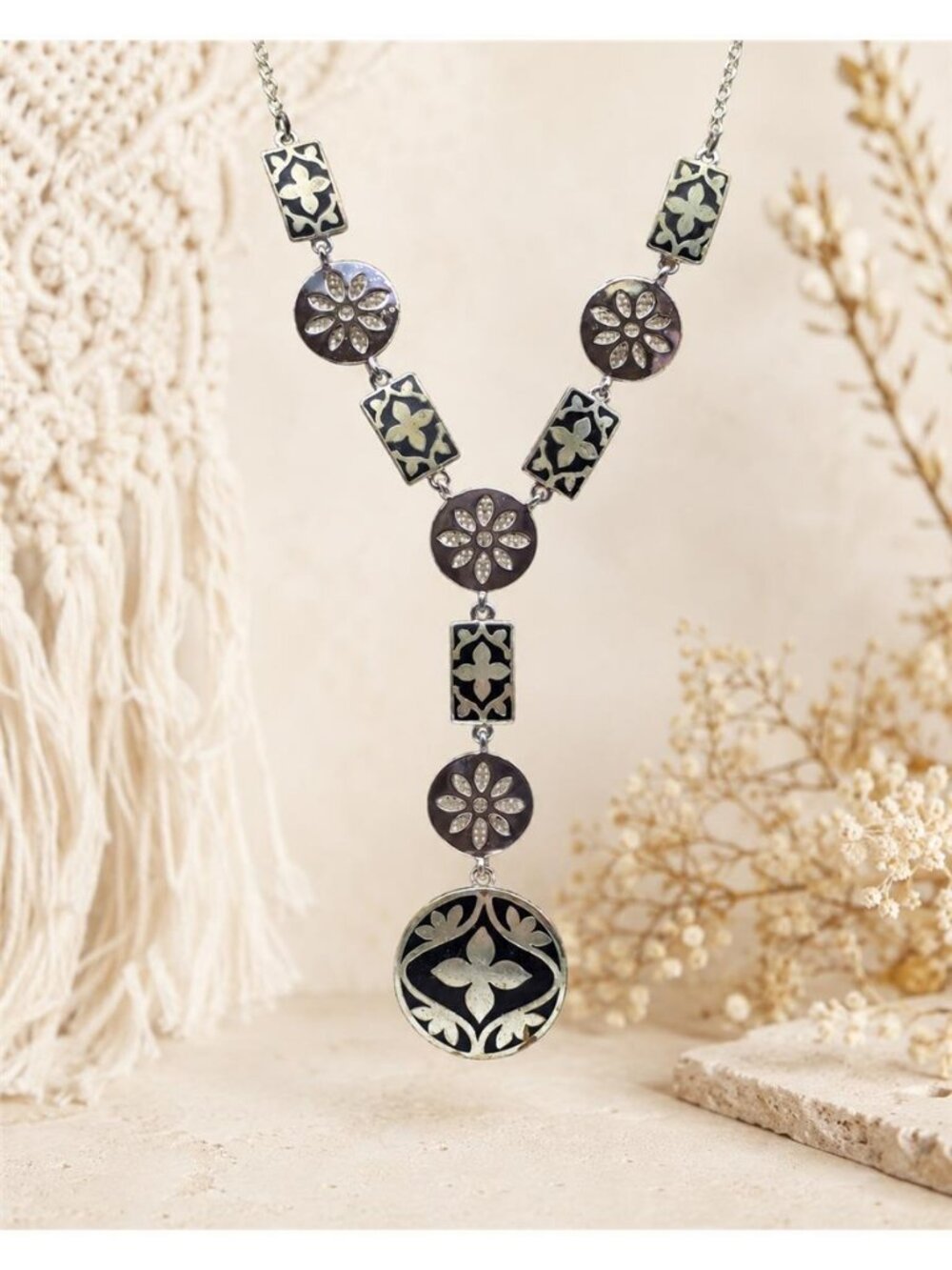Silver Tone Black Enamel Floral Medallion Y Drop Necklace 16 In Liz & Co